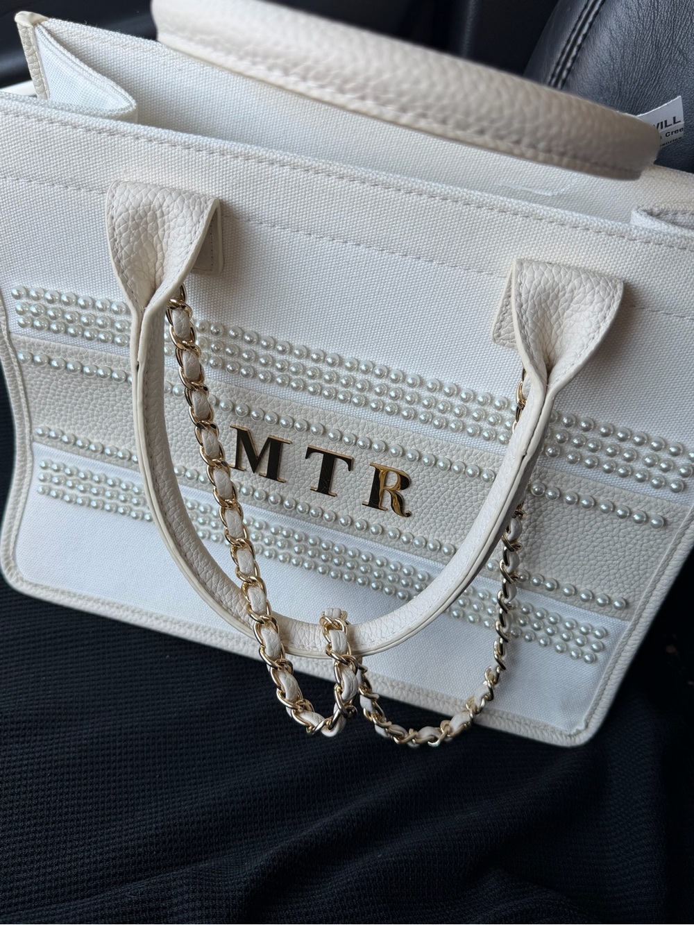 Ivory Pearl-Embellished Tote with Gold Chain Handles
